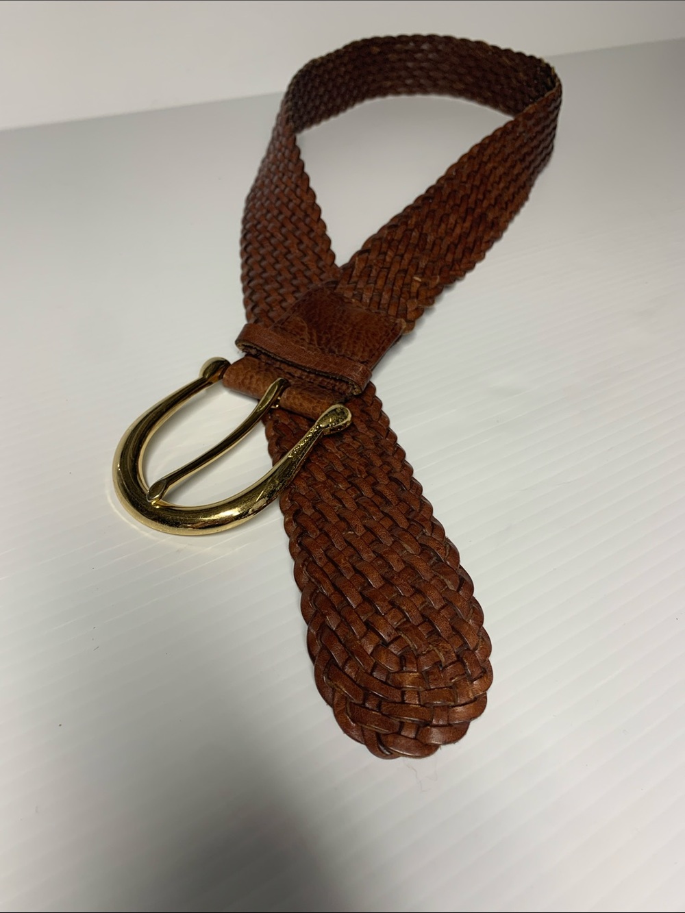 Michael Kors Woven Brown Leather Belt with Gold Buckle